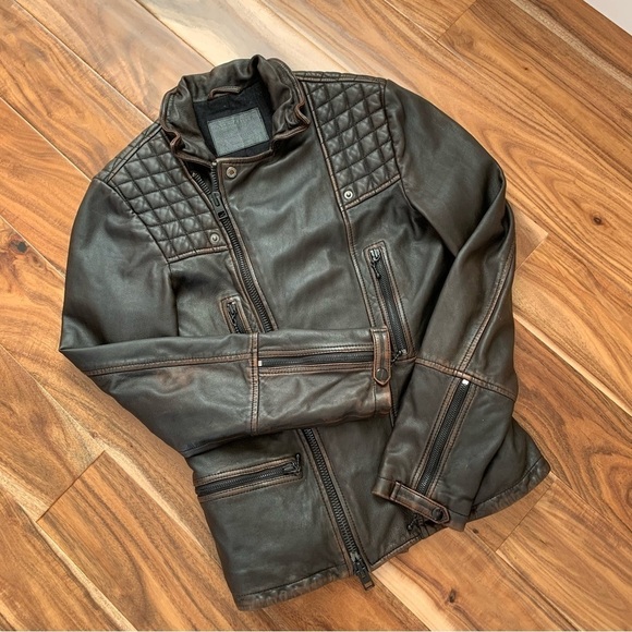 ALLSAINTS Mens Cargo Quilted Brown Leather Biker Jacket XS - Picture 5 of 15